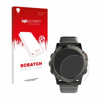 Parte frontal de un envase de producto con el logotipo de la marca upscreen. Al lado se muestra el dispositivo Garmin Fenix 5X