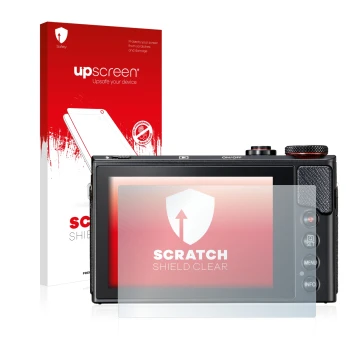 Parte frontal de un envase de producto con el logotipo de la marca upscreen. Al lado se muestra el dispositivo Canon PowerShot