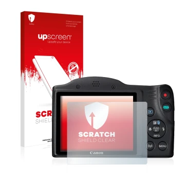 Parte frontal de un envase de producto con el logotipo de la marca upscreen. Al lado se muestra el dispositivo Canon PowerShot