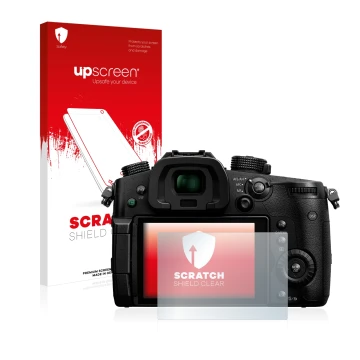 Parte frontal de un envase de producto con el logotipo de la marca upscreen. Al lado se muestra el dispositivo Panasonic Lumix