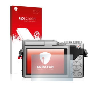 Parte frontal de un envase de producto con el logotipo de la marca upscreen. Al lado se muestra el dispositivo Panasonic Lumix