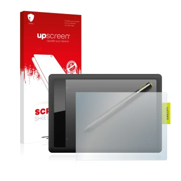 Parte frontal de un envase de producto con el logotipo de la marca upscreen. Al lado se muestra el dispositivo Wacom One s CTL