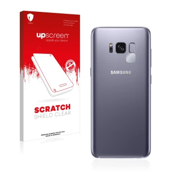 Parte frontal de un envase de producto con el logotipo de la marca upscreen. Al lado se muestra el dispositivo Samsung Galaxy 