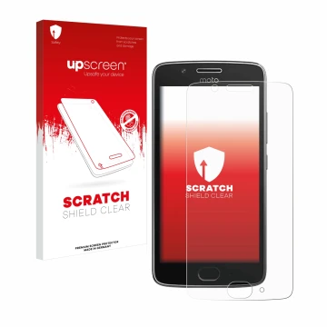 Parte frontal de un envase de producto con el logotipo de la marca upscreen. Al lado se muestra el dispositivo Motorola Moto G