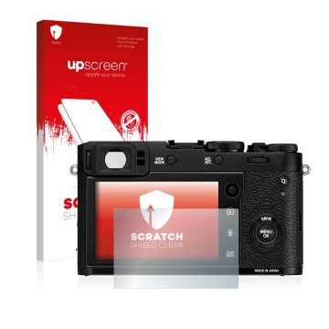 Parte frontal de un envase de producto con el logotipo de la marca upscreen. Al lado se muestra el dispositivo Fujifilm X100F 