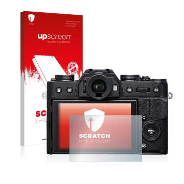 Parte frontal de un envase de producto con el logotipo de la marca upscreen. Al lado se muestra el dispositivo Fujifilm X-T20 
