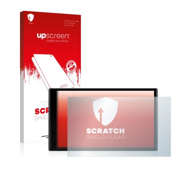 Parte frontal de un envase de producto con el logotipo de la marca upscreen. Al lado se muestra el dispositivo Garmin DriveSma