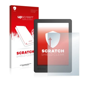 Parte frontal de un envase de producto con el logotipo de la marca upscreen. Al lado se muestra el dispositivo Kobo Aura Editi