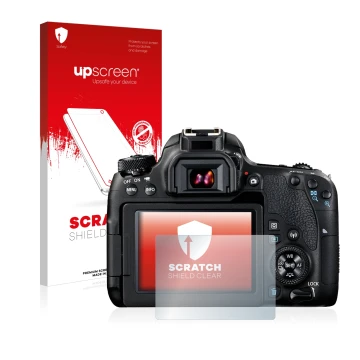 Parte frontal de un envase de producto con el logotipo de la marca upscreen. Al lado se muestra el dispositivo Canon EOS 77D c