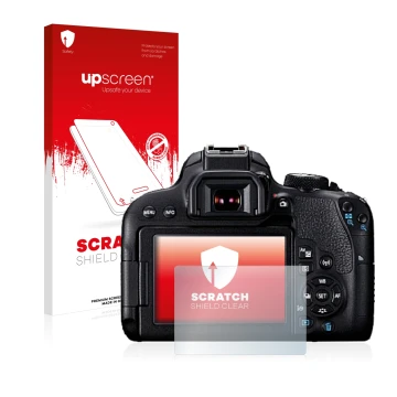 Parte frontal de un envase de producto con el logotipo de la marca upscreen. Al lado se muestra el dispositivo Canon EOS 800D 