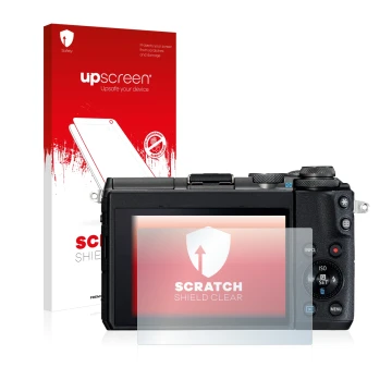 Parte frontal de un envase de producto con el logotipo de la marca upscreen. Al lado se muestra el dispositivo Canon EOS M6 co