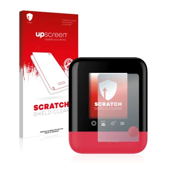 Parte frontal de un envase de producto con el logotipo de la marca upscreen. Al lado se muestra el dispositivo Polaroid Pop co