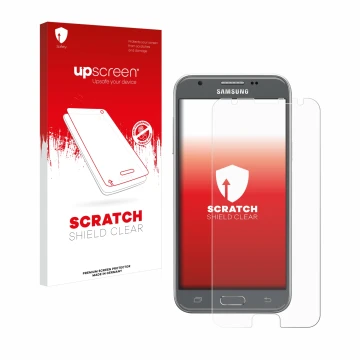 Parte frontal de un envase de producto con el logotipo de la marca upscreen. Al lado se muestra el dispositivo Samsung Galaxy 