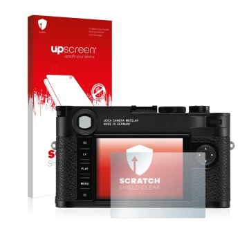 Parte frontal de un envase de producto con el logotipo de la marca upscreen. Al lado se muestra el dispositivo Leica M10 con s