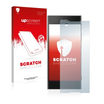 Parte frontal de un envase de producto con el logotipo de la marca upscreen. Al lado se muestra el dispositivo Sony Xperia XA1