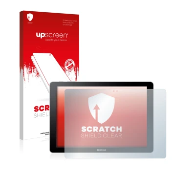 Parte frontal de un envase de producto con el logotipo de la marca upscreen. Al lado se muestra el dispositivo Samsung Galaxy 