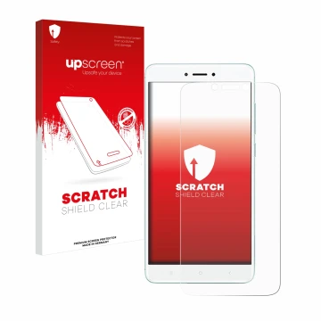 Parte frontal de un envase de producto con el logotipo de la marca upscreen. Al lado se muestra el dispositivo Xiaomi Redmi 4X