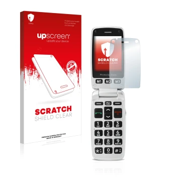 Parte frontal de un envase de producto con el logotipo de la marca upscreen. Al lado se muestra el dispositivo Doro Primo 413 
