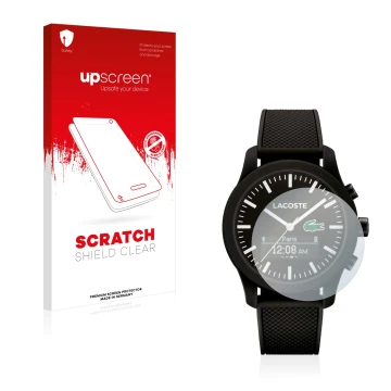 Parte frontal de un envase de producto con el logotipo de la marca upscreen. Al lado se muestra el dispositivo Lacoste 12.12 C