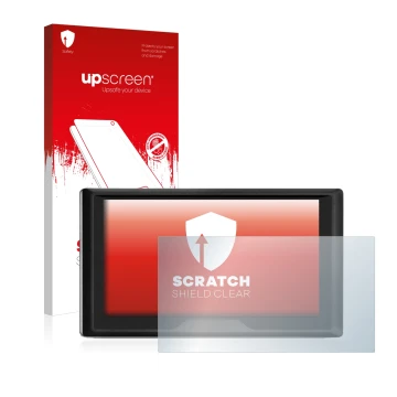 Parte frontal de un envase de producto con el logotipo de la marca upscreen. Al lado se muestra el dispositivo Garmin Drive 61