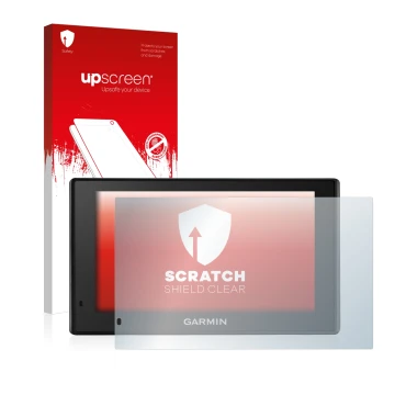 Parte frontal de un envase de producto con el logotipo de la marca upscreen. Al lado se muestra el dispositivo Garmin DriveSma