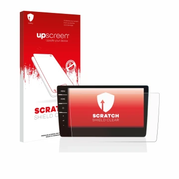 Parte frontal de un envase de producto con el logotipo de la marca upscreen. Al lado se muestra el dispositivo Volkswagen Golf