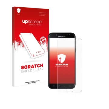Parte frontal de un envase de producto con el logotipo de la marca upscreen. Al lado se muestra el dispositivo Samsung Galaxy 