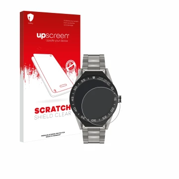 Parte frontal de un envase de producto con el logotipo de la marca upscreen. Al lado se muestra el dispositivo TAG Heuer Conne