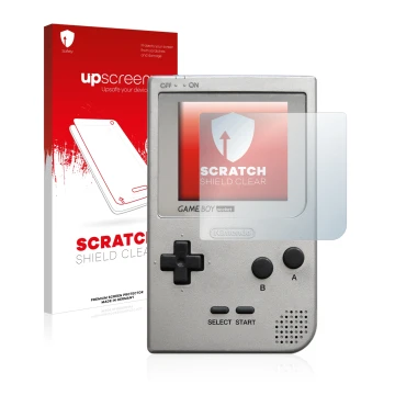 Parte frontal de un envase de producto con el logotipo de la marca upscreen. Al lado se muestra el dispositivo Nintendo Gamebo