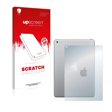Parte frontal de un envase de producto con el logotipo de la marca upscreen. Al lado se muestra el dispositivo Apple iPad 9.7