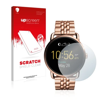 Parte frontal de un envase de producto con el logotipo de la marca upscreen. Al lado se muestra el dispositivo Fossil Q Wander
