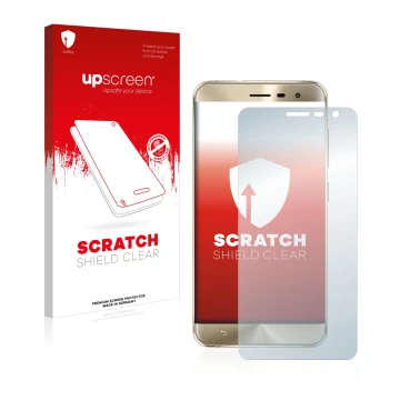 Parte frontal de un envase de producto con el logotipo de la marca upscreen. Al lado se muestra el dispositivo ASUS ZenFone 3 