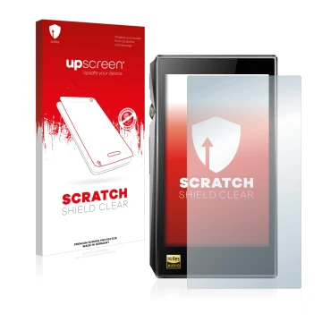 Parte frontal de un envase de producto con el logotipo de la marca upscreen. Al lado se muestra el dispositivo FiiO X5 III con