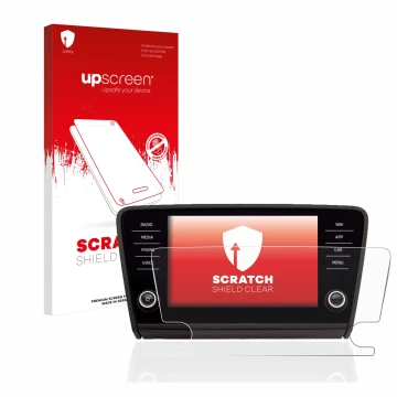 Parte frontal de un envase de producto con el logotipo de la marca upscreen. Al lado se muestra el dispositivo Skoda Octavia 2