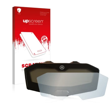 Parte frontal de un envase de producto con el logotipo de la marca upscreen. Al lado se muestra el dispositivo Yamaha MT-07 20