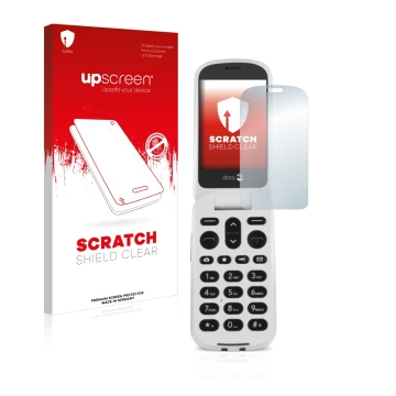 Parte frontal de un envase de producto con el logotipo de la marca upscreen. Al lado se muestra el dispositivo Doro 6050 con s