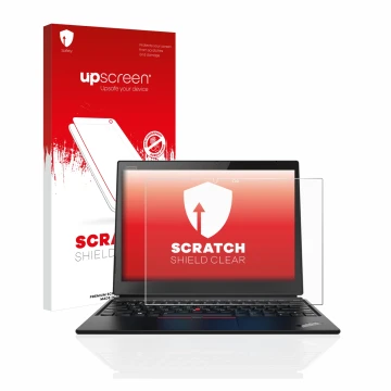 Parte frontal de un envase de producto con el logotipo de la marca upscreen. Al lado se muestra el dispositivo Lenovo ThinkPad