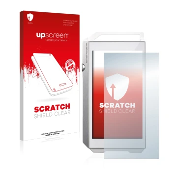 Parte frontal de un envase de producto con el logotipo de la marca upscreen. Al lado se muestra el dispositivo Pioneer XDP-100