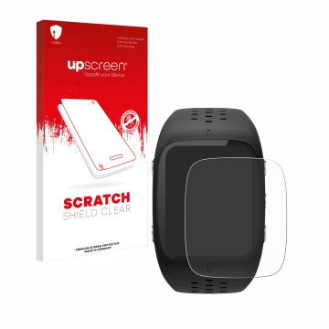Parte frontal de un envase de producto con el logotipo de la marca upscreen. Al lado se muestra el dispositivo Polar M430 con 
