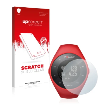 Parte frontal de un envase de producto con el logotipo de la marca upscreen. Al lado se muestra el dispositivo Polar M200 con 