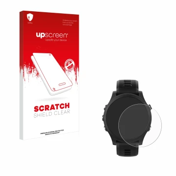 Parte frontal de un envase de producto con el logotipo de la marca upscreen. Al lado se muestra el dispositivo Garmin Forerunn