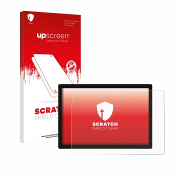 Parte frontal de un envase de producto con el logotipo de la marca upscreen. Al lado se muestra el dispositivo Microsoft Surfa