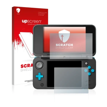 Parte frontal de un envase de producto con el logotipo de la marca upscreen. Al lado se muestra el dispositivo Nintendo 2DS XL