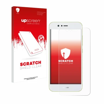 Parte frontal de un envase de producto con el logotipo de la marca upscreen. Al lado se muestra el dispositivo Huawei Nova 2 c