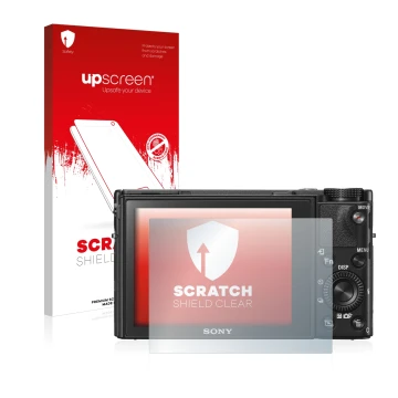 Parte frontal de un envase de producto con el logotipo de la marca upscreen. Al lado se muestra el dispositivo Sony Cyber-Shot