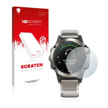 Parte frontal de un envase de producto con el logotipo de la marca upscreen. Al lado se muestra el dispositivo Garmin quatix 5