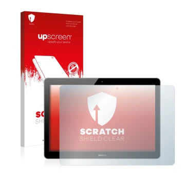 Parte frontal de un envase de producto con el logotipo de la marca upscreen. Al lado se muestra el dispositivo Huawei MediaPad