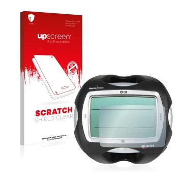 Parte frontal de un envase de producto con el logotipo de la marca upscreen. Al lado se muestra el dispositivo Mares Nemo Wide