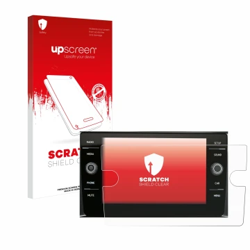 Parte frontal de un envase de producto con el logotipo de la marca upscreen. Al lado se muestra el dispositivo Volkswagen Comp