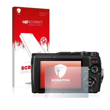 Parte frontal de un envase de producto con el logotipo de la marca upscreen. Al lado se muestra el dispositivo Olympus Tough T